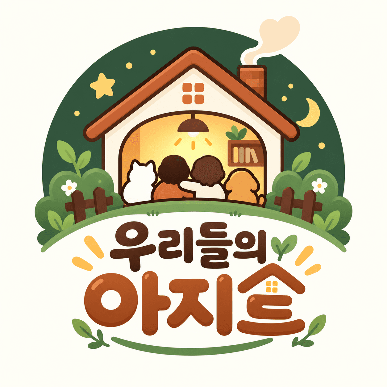 고양이, 강아지와 친구들이 따뜻한 오두막에 모인 우리들의 아지트 로고
